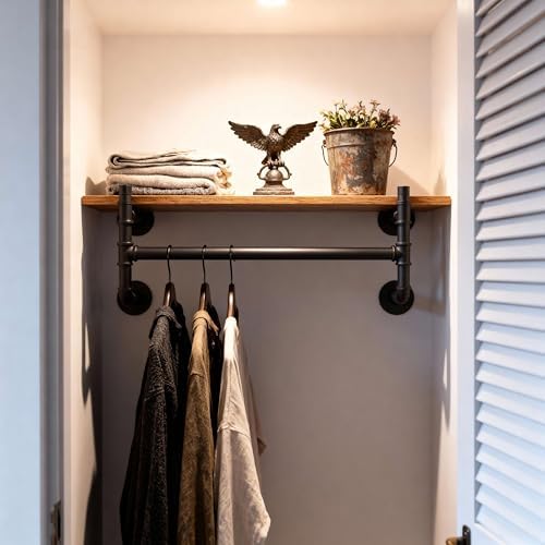 WEBI Wall Mounted Clothes Rack with Shelf,27" Industrial Pipe Clothing Rack with Shelf with Hanging Rod,Heavy Duty Iron Garment Rack Bar,Retail Display Clothes Rod for Laundry Room,Closet,Black - Image 4