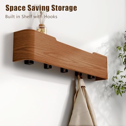 Coat Rack Wall Mount with Hidden Hooks, Wall Hooks with Shelf, Wall Key Holder Mount Wooden Shelf Entryway Hooks for Bedroom Bathroom for Hanging Coats Hats Bags Towels (Walnut, 5 Hooks) - Image 2
