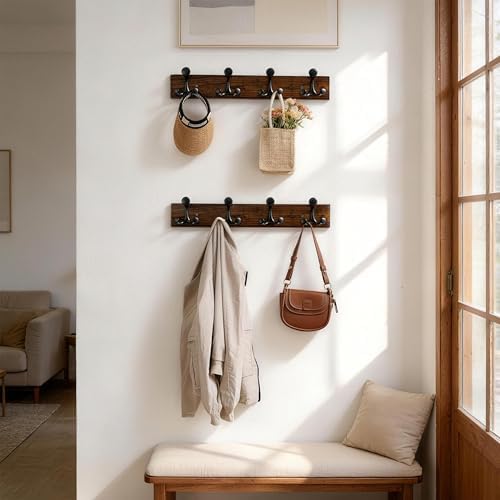 SKOLOO 24-Inch Wood Burnt Coat Rack Wall Mount with 4 Triple Hooks - Ideal for Family Entrances, Classrooms, and Pet Supplies Storage - Perfect Coat Hooks for Wall - Image 4