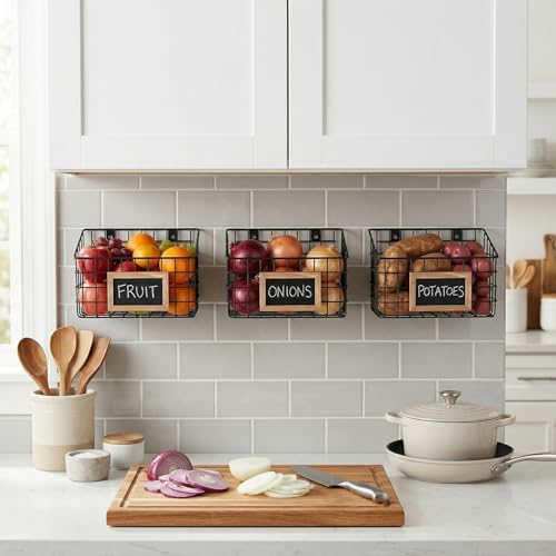 MyGift 10 Inch Wall Mounted Matte Black Metal Wire Storage Baskets with Chalkboard Labels, Small Hanging Organizer Bins for Home Entryway Kitchen Pantry Closet, Set of 3 - Image 5