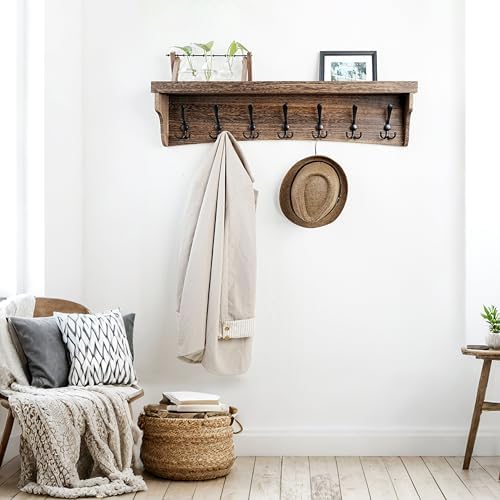 WEBI Rustic Coat Rack Wall Mount with Shelf,35" Long Wall Shelf with Hooks Underneath,7 Triple Hooks for Hanging Jacket,Bathroom,Entryway,Weathered Brown - Image 2