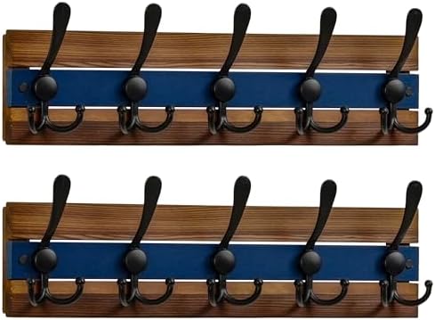 SKOLOO Rustic Wall Mounted Coat Rack - 16-7/8" Long Coat Hooks for Wall with 5 Triple Hooks for Hanging Coats, Hats or Tools, Western National Parks Collection, Wood Brown & Blue, Pack of 2 by SKOLOO