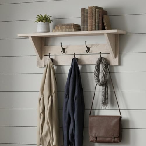 Alaterre Bethel Rustic Solid Wood Wall Mount Coat Rack w/Shelf, Driftwood - Image 6