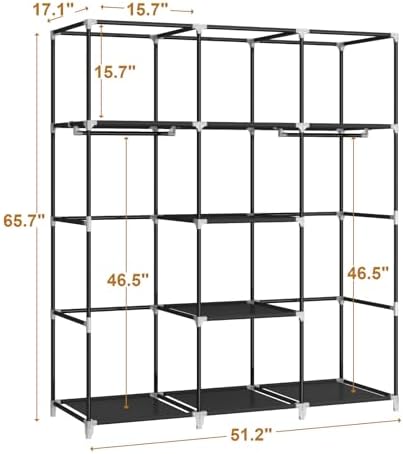51" Portable Wardrobe Closet, Clothes Organizer, 8 Shelves 2 Rods, Black - Image 6