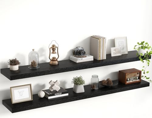 Acovy 55 Inch Floating Shelves, 8 Inch Deep Floating Shelves for Wall, Hanging Shelf with Invisible Brackets, Deep Shelves for Bathroom, Bedroom, Living Room, Black, Set of 2 by Acovy