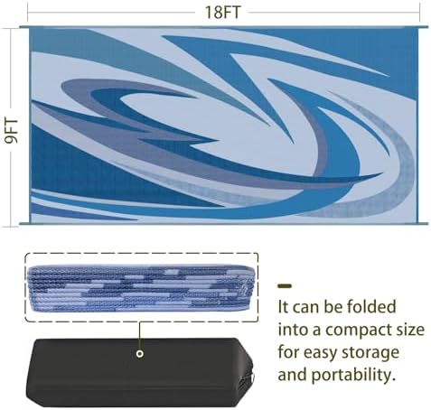EEZ RV Products 9'x18' Heavy Duty Reversible/Durable Outdoor Patio/RV Mats Come with Large Storage Bag & 6 Sets of Stakes and Washer (Wave Blue) - Image 2