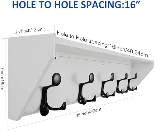 WEBI Wall Shelf with Hooks Underneath,35" Long Wall Mounted Coat Rack with Shelf,Entryway Coat Rack with 5 Triple Hooks for Hanging Coats,Jacket,Hallway,Bedroom,Mudroom,White - Image 7