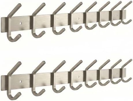 Coat Rack Wall Mount – Brushed Nickel 24 Inch Stainless Steel Hook Rail with 8 Heavy Duty Double Coat Hooks – Wall Mounted Coat Hanger for Entryway, Bathroom, Bedroom, Towel, Hat Organizer - 2 Pack by SAYONEYES