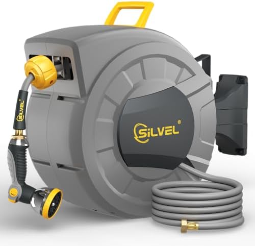 SILVEL 1/2 in x 110 FT Retractable Garden Hose Reel, UV Resistant Heavy Duty Automatic Hose Reel Wall Mount with 10 Pattern Nozzle, Any Length Lock & Slow Return System, 180°Swivel Bracket, Yellow by SILVEL