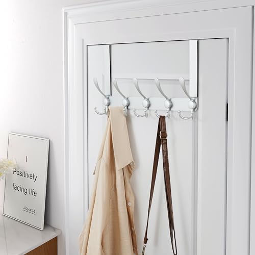 Dseap Over The Door Hook Hanger - Fits 1 3/8" to 1 3/4" Standard Doors | 5 Tri Hooks Heavy Duty Towel/Coat Rack | Door Organizer for Clothes, Jackets, Hats, Towels, Silver, Pack of 2 - Image 3