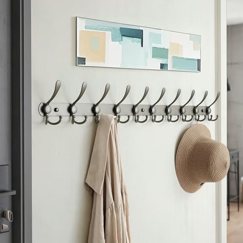Dseap Coat Rack Wall Mount - 38” Long 10-Tri-Hooks Heavy Duty Coat Hanger Rail Wall Hooks for Hanging Coats Hats Clothing Clothes Purse Mudroom Entryway, Gray, Pack of 2 - Image 3