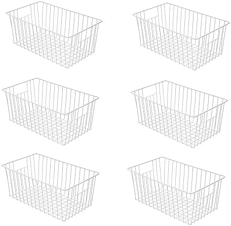 16Lx12Wx6H inch Wider Freezer Organizer Baskets Container, Refrigerator Metal Wire Storage Bins with Handles for Kitchen, Pantry, Cabinet, Closets - Pearl White（6 Packs by lonpute