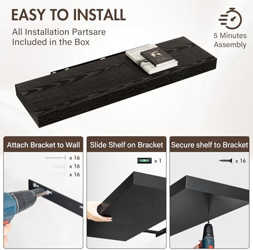 Acovy 40 Inch Floating Shelves, 12" Deep Floating Shelf Wall Mounted, 40" Wall Shelves, Rustic Deep Bookshelf, Extra Deeper & Thicker Display Shelves for Bedroom, Living Room, Black, Set of 2 - Image 6