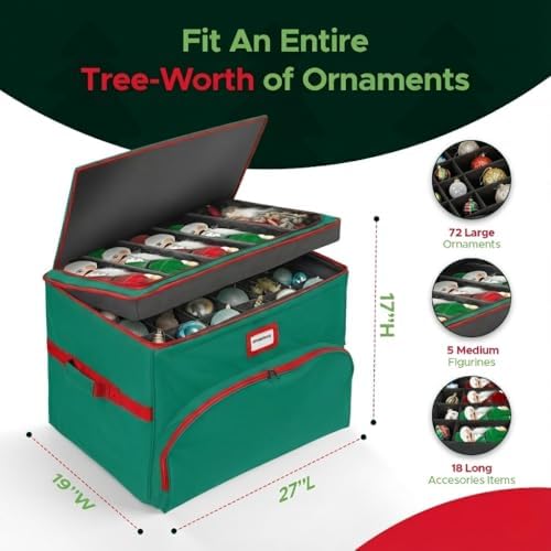 Christmas Nutcracker and Figurine Collectible Storage Box - Holds Up to 72 Ornaments 4” x 4” - Top Adjustable Compartments for Figurines, Nutcrackers, etc - Heavy Duty 600D/ Inside PVC Material, Green - Image 3