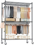 Homdox 3 Tier Heavy Duty Garment Rack with Wheels, Adjustable Wire Clothes Rack with Double Hanging Rods, Portable Closets for Hanging Clothes with Side Hooks, Black by HOMDOX