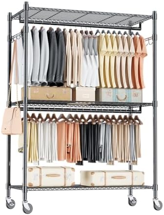 Homdox 3 Tier Heavy Duty Garment Rack with Wheels, Adjustable Wire Clothes Rack with Double Hanging Rods, Portable Closets for Hanging Clothes with Side Hooks, Black by HOMDOX
