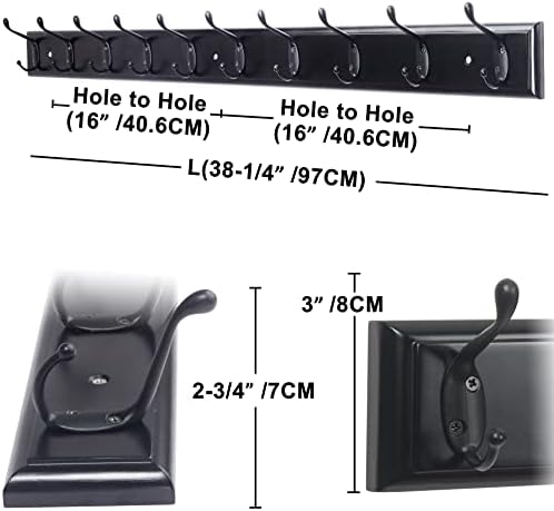Dseap Coat Rack Wall Mounted: 10-Hooks, 16" Hole to Hole, 38-1/4" Long, Wood Coat Hooks Wall Mounted, Hook Rack, Hook Rail, Hooks for Hanging Coats, Black - Image 2