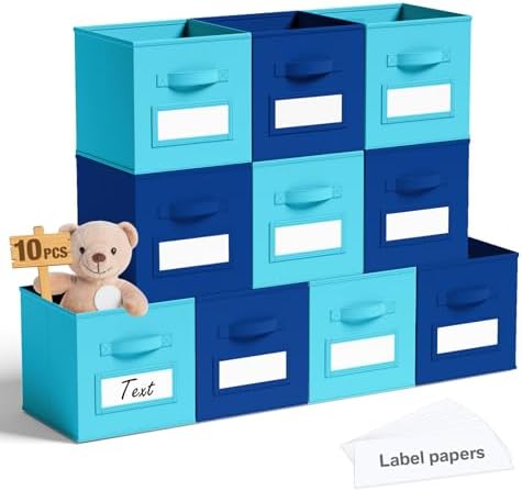 Teenyyou 10 Pack Fabric Storage Cubes 11 Inch Collapsible Cube Bins with Label Window & Handle Foldable Organizers Baskets for Shelf Closet Nursery Kids Room Clothes Book Toy(Lake Blue, Navy Blue) by Teenyyou