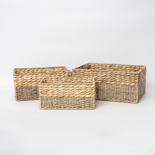 YAHUAN Natural Water Hyacinth & Seagrass Woven Storage Baskets – Wicker Storage Basket Organizer Bins with Handles for Home & Office Pantry Shelf (Set of 3) - Image 2
