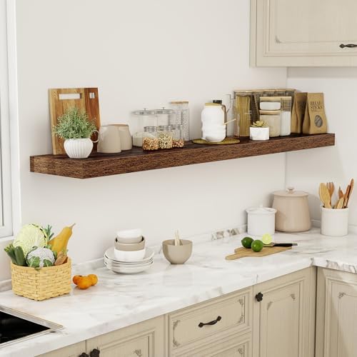 Acovy 72 Inch Floating Shelves, 12" Deep Floating Shelf Wall Mounted, 72" Wall Shelves, Rustic Deep Bookshelf, Extra Deeper & Thicker Display Shelves for Bedroom, Living Room, Brown, Set of 1 - Image 2