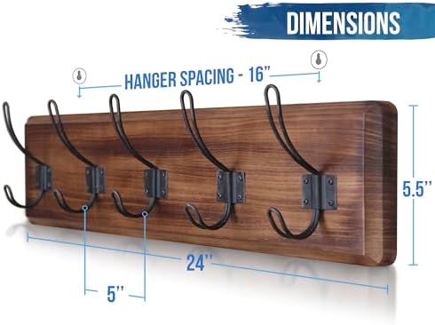 HBCY Creations Dark Wash Brown Rustic Coat Rack Wall Mount with 5 Hooks, Solid Pine Wood 24 inch Wall Hooks for Entryway, Mudroom, Hallway, Bathroom - Vintage Farmhouse Style Wall Mounted Towel Rack - Image 2