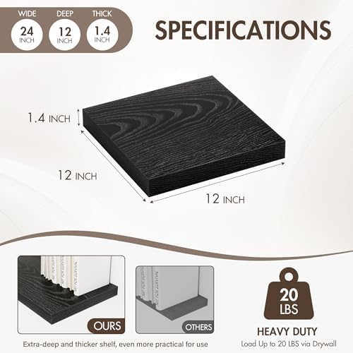 Acovy 12 Inch Floating Shelves, 12" Deep Floating Shelf Wall Mounted, 12" Wall Shelves, Rustic Deep Bookshelf, Extra Deeper Display Shelves & Storage Shelves for Bedroom, Living Room, Set of 3 - Image 4