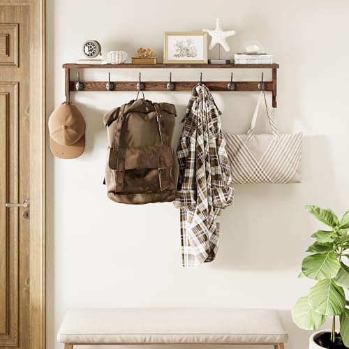 AMBIRD Coat Rack Wall Mount, 35 Inch Extra Long Wall Hooks with Hanging, Wooden Shelf with 7 Metal Hooks 2 Side Hooks, Wall Key Holder with Shelf in Entryway, Kitchen, Bathroom, Living Room, Bedroom - Image 7