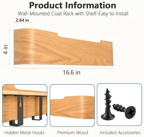 Coat Rack Wall Mount with Hidden Hooks Modern Key Holder Wood Entryway Hook with Shelf for Bedroom Kitchen Hallway Bathroom Designed for Hanging Coats Hats Bags Towels Dog Leashe(Oak,4 Hooks) - Image 3