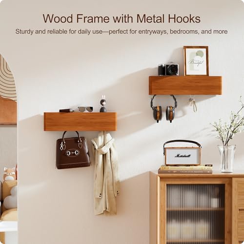 Key Holder Wall Mount with Shelf - Wooden Entryway Organizer with 4 Hooks for Keys, Coats & Hats - Wall Mounted Coat Rack for Hallway, Bathroom, Bedroom - Brown, 2-Pack - Image 3