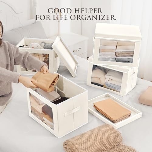 Homsorout Large Storage Bins with Lids - Fabric Storage Cubes with Window, Collapsible Bins for Clothes, 15.7 Inch Large Baskets for Bedroom, Dorm, Office, Beige, 6 Pack - Image 4