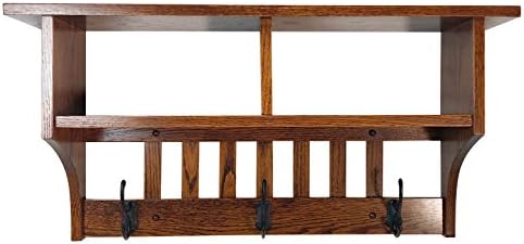 Rustic Red Door Co. Mission Style Coat Rack Wall Mounted with Cubbies and Shelf, Entryway Wooden Hanger with 3 Hooks for Jacket, Towel or Hat, Farmhouse Decor, Oak Wood, Michaels Stain by RusticRedDoor