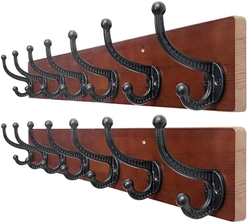 WEBI Rustic Coat Rack Wall Mount,30" Long 7 Cast Iron Coat Hooks Wall Mounted,Heavy Duty Wood Wall Coat Hanger Hooks for Hanging Coats,Jacket,Clothes,Backpack,Farmhouse,Cherry,2 Packs by WEBI