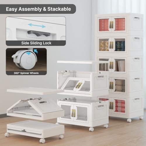 UAMFURI Stackable Storage Bins with Lids, Clear Doors, Large Storage Cabinet Foldable Collapsible Closet Organizers for Bedroom Dorm Office (5, White, 48, Quarts) - Image 3