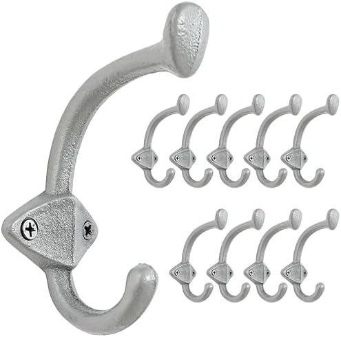 Dseap Cast Iron Wall Hooks L=5”, Heavy Duty Coat Hooks, Rustic Vintage Farmhouse Hook for Hanging Winter Coats Jackets Towels Hats Bags Plants, Silver, Pack of 10 (ShieldBold) by Dseap