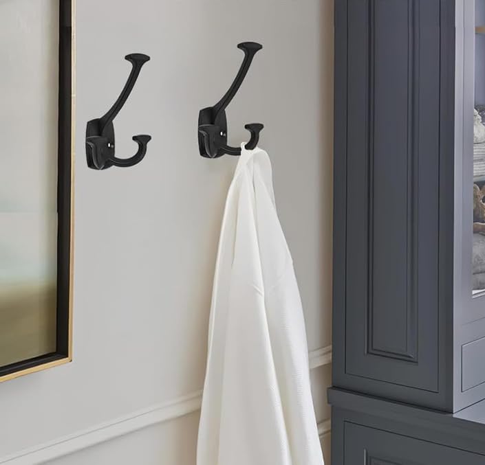 10 Pack Matte Black Hooks Large Wall Mounted Solid Heavy-Duty Decorative Double-Sided Coat Hooks for Triple Coat Hook Towels Coats Robes Towels Bag Bathroom Three Prong Coat Hook - Image 4