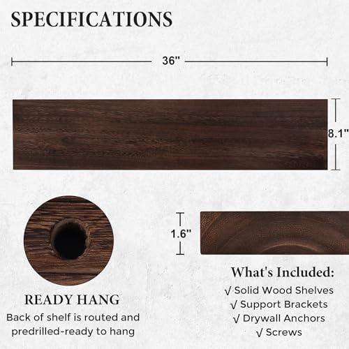 Axeman Floating Shelves, 8 Inch Deep Rustic Solid Wood Wall Shelves for Storage, Wall Mounted Display Shelving with Invisible Heavy-Duty Metal Bracket, 36" W x 8" D x 1.6" H, Rustic Brown - Image 3