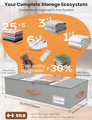 TOSKING 2-Pack Under Bed Storage Drawers with Wheels, 6 Vacuum Bags, 7.9" Height, Large 65L/80 lbs Clear Lid Rolling Bin, 900D Oxford, Space Saver for Dorm Bedroom, Blankets, Clothes, Shoes, Gray - Image 4