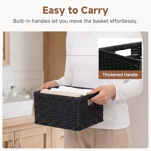 StorageWorks Wicker Baskets with Handles, Paper Rope Black Baskets, 2-Pack - Image 3