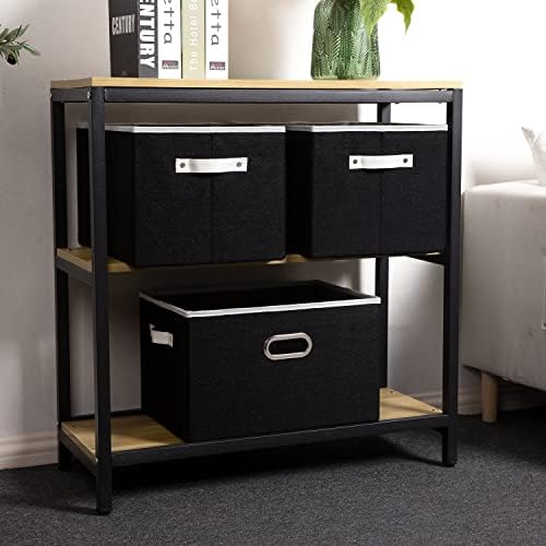 PRANDOM Larger Collapsible Storage Bins for Closet [5-pack] Decorative Linen Fabric Storage Baskets Cubes with Leather/Metal Handles for Living Room Black (17.3x12.2x10.4 Inch) - Image 3
