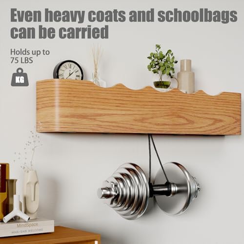 Coat Rack Wall Mount with Shelf 5 Hidden Hooks Modern Wooden Key Holder Entryway Organizer for Hallway Bedroom Bathroom Home Decor Storage for Hanging Coats Hats Bags Towels, Wave-Shape Oak - Image 4