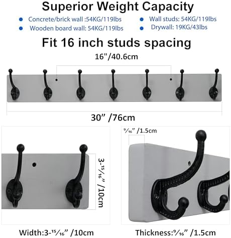 WEBI Rustic Coat Rack Wall Mount,30" Long 7 Cast Iron Coat Hooks Wall Mounted,Heavy Duty Wood Wall Coat Hanger Hooks for Hanging Coats,Jacket,Clothes,Backpack,Farmhouse,Gray,2 Packs - Image 2
