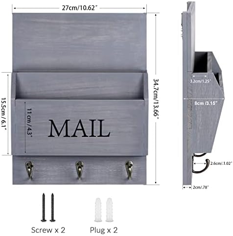 DLQuarts Solid Wood Mail Organizer with Key Holder for Wall, Mail Sorter Wall Mounted, Decorative Wooden Key and Mail Holder with 3 Hooks, Weathered Gray - Image 5
