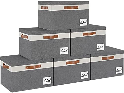 GhvyenntteS 6 Pack Fabric Storage Bins with Lid, Large Closet Storage Bins with Lid and 3 PU Handles, Foldable Fabric Storage Boxes with Label Window for Home Bedroom Office (Grey, Large) by GhvyenntteS