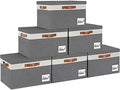 GhvyenntteS 6 Pack Fabric Storage Bins with Lid, Large Closet Storage Bins with Lid and 3 PU Handles, Foldable Fabric Storage Boxes with Label Window for Home Bedroom Office (Grey, Large) by GhvyenntteS
