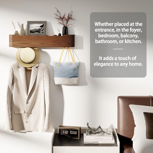 Coat Rack Wall Mount with Shelf 5 Hidden Hooks Modern Wooden Key Holder Entryway Organizer for Hallway Bedroom Bathroom Home Decor Storage for Hanging Coats Hats Bags Towels, Wave-Shape Walnut - Image 5