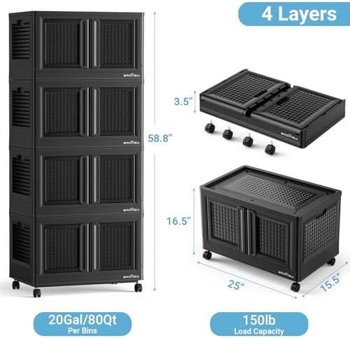BROVIEW 320Qt Storage Bins with Lids, 80Gal Plastic Stackable Collapsible Storage Bins with Doors Wheels, Closet Organizers and Storage, Foldable Box Cabinet for Home Office Garage, 4Pack Black Cube - Image 2