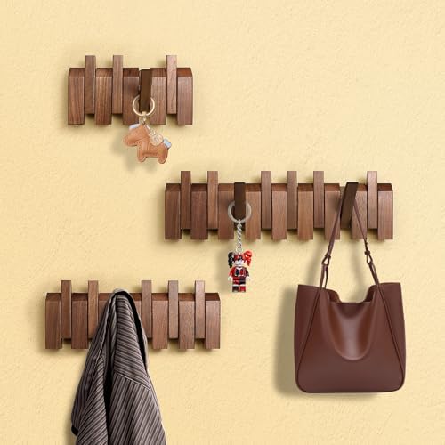 Walnut Wood Slanted Hanger Wall Mounted with 6 Hooks for Bathroom or Bedroom or Entryway - Image 3