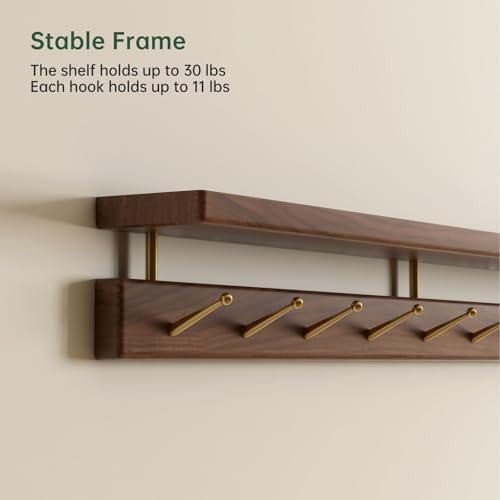 Walnut Wall Hooks with Shelf, Coat Rack Wall Mount, Entryway Hanging Shelf with 9 Brass Hooks for Hats, Clothes, Towels, Bags, Black Walnut Wood, Walnut - Image 4