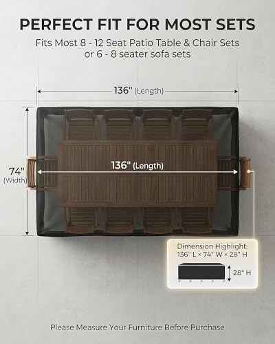Outdoor Patio Furniture Cover Rectangular, Heavy Duty 600D Waterproof Cover for Table & Chair Set, Windproof,UV Resistant, All-Season Protection for Backyard,Deck & Garden,136" L x 74" W x 28" H,Black - Image 4