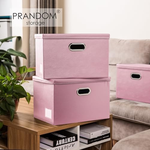 PRANDOM Large Stackable Storage Bins with Lids [3-Pack] Leather Fabric Foldable Storage Boxes Organizer Containers Baskets Cube with Cover for Bedroom Closet Office Nursery Pink (17.7x11.8x11.8) - Image 2